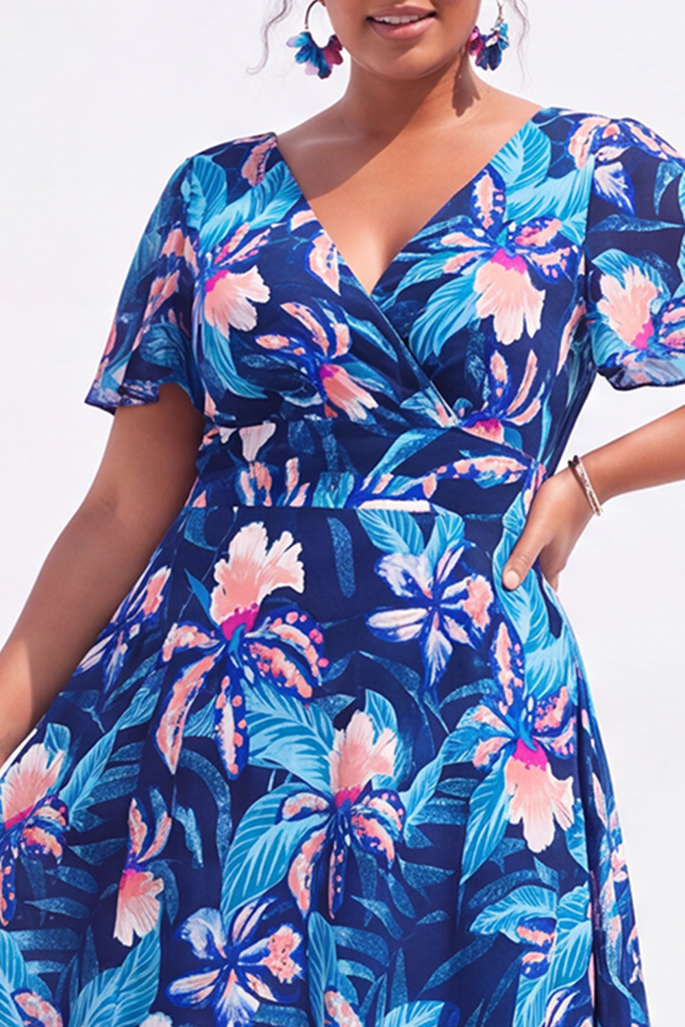 Plus Size Black Pink Flower A Line V Neck Maxi Dress