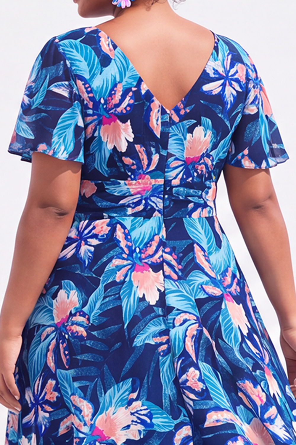Plus Size Black Pink Flower A Line V Neck Maxi Dress