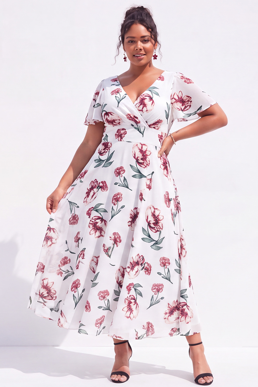 Plus Size Black Pink Flower A Line V Neck Maxi Dress