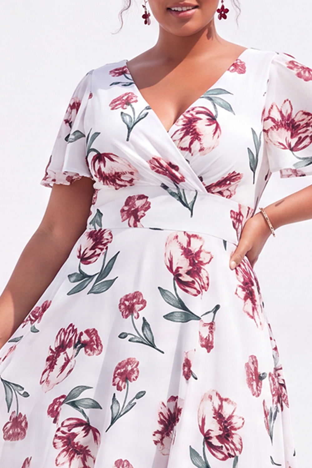 Plus Size Black Pink Flower A Line V Neck Maxi Dress