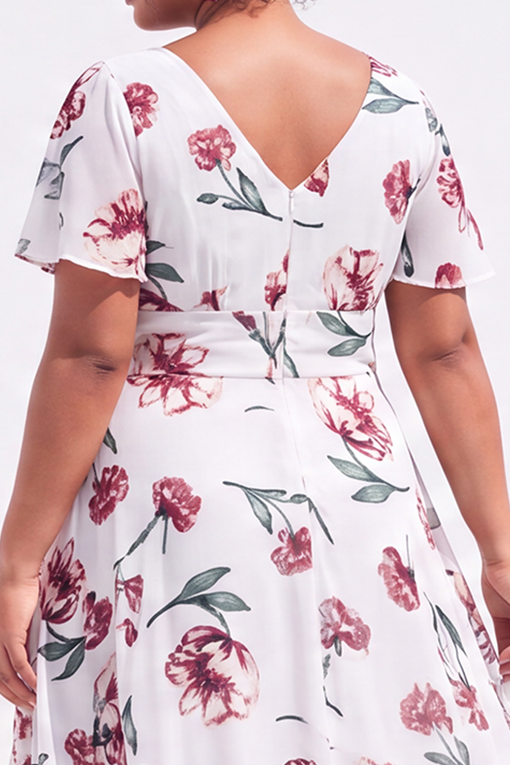 Plus Size Black Pink Flower A Line V Neck Maxi Dress