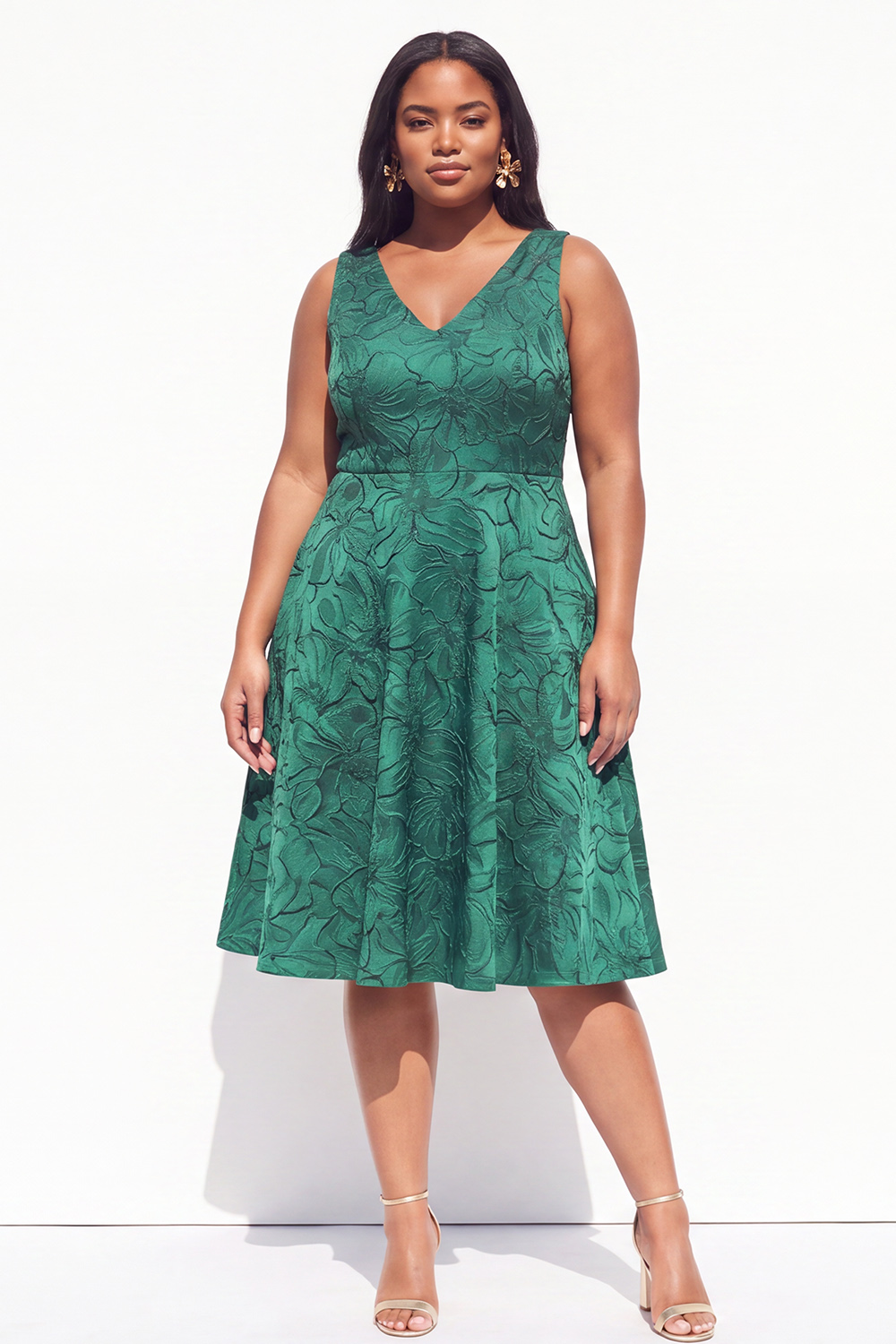 Dressself Women Plus Size Green Midi Dress Embossed Floral A Line V Neck Wedding Guest Dress