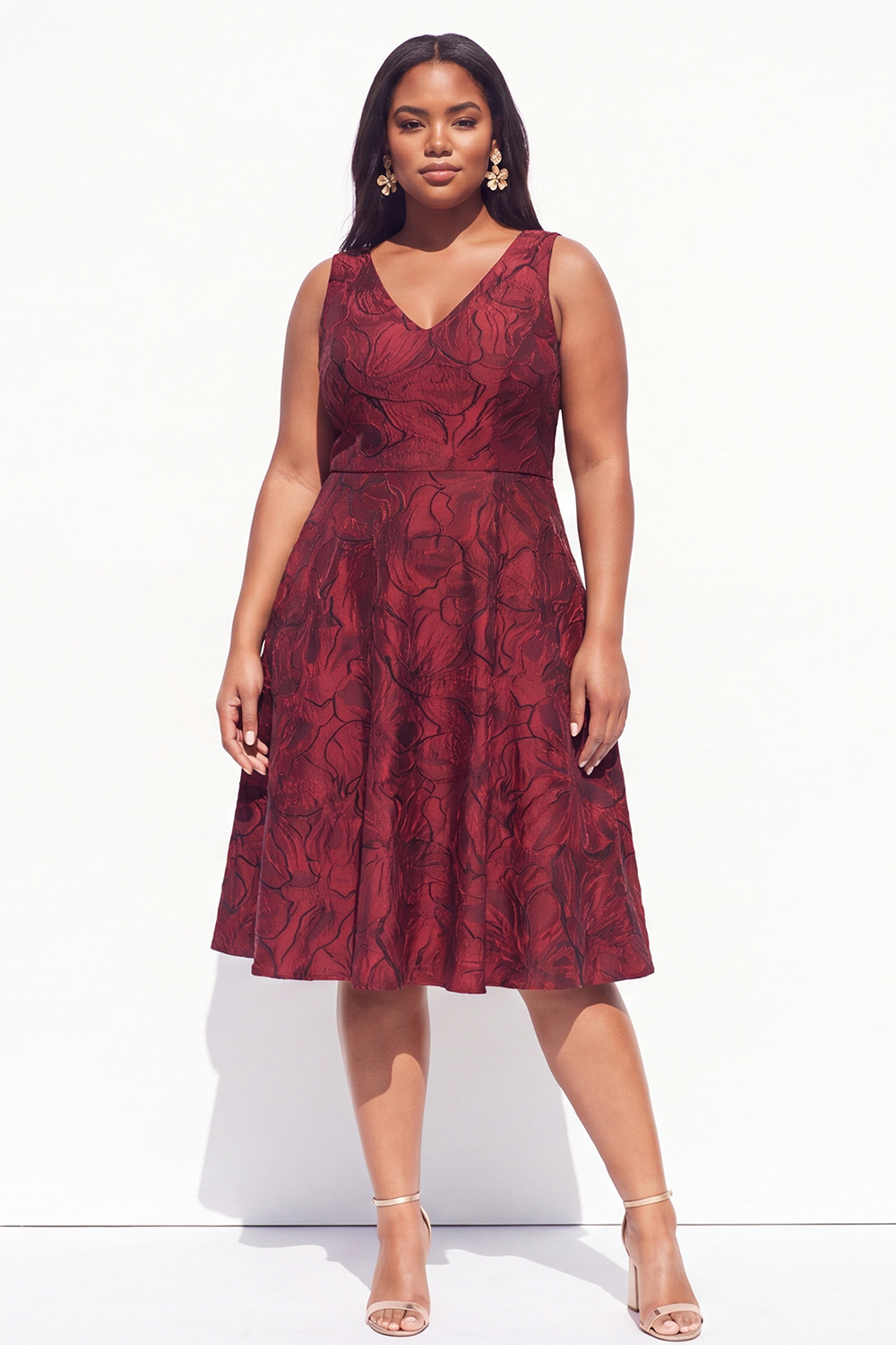 Plus Size Green Embossed Floral Midi Dress