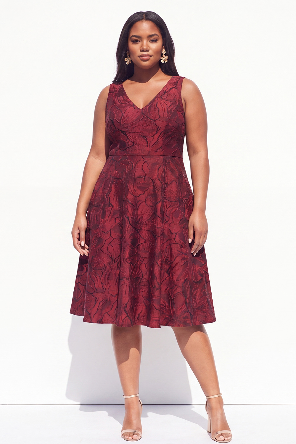Plus Size Green Embossed Floral Midi Dress