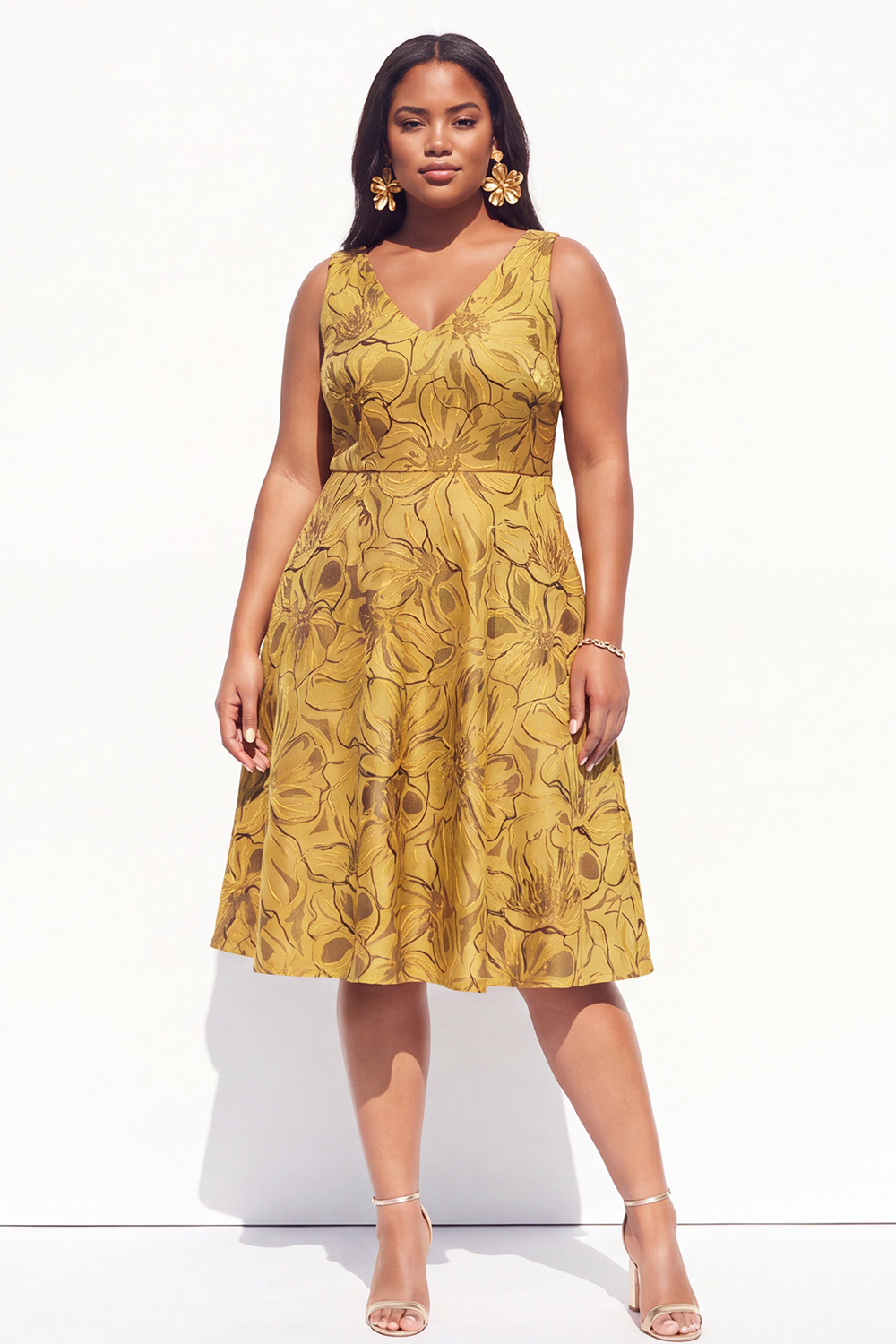 Plus Size Green Embossed Floral Midi Dress