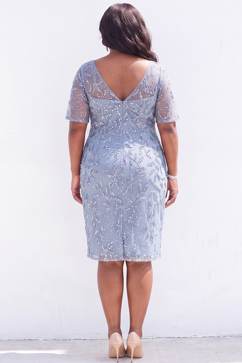 Grey Blue Sequin Half Sleeve Midi Dress