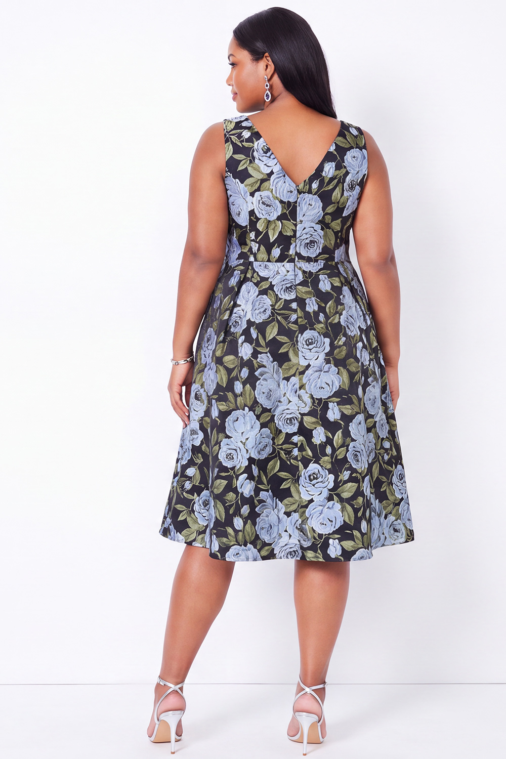Plus Size Black Blue Flower V Neck A Line Midi Wedding Guest Dress