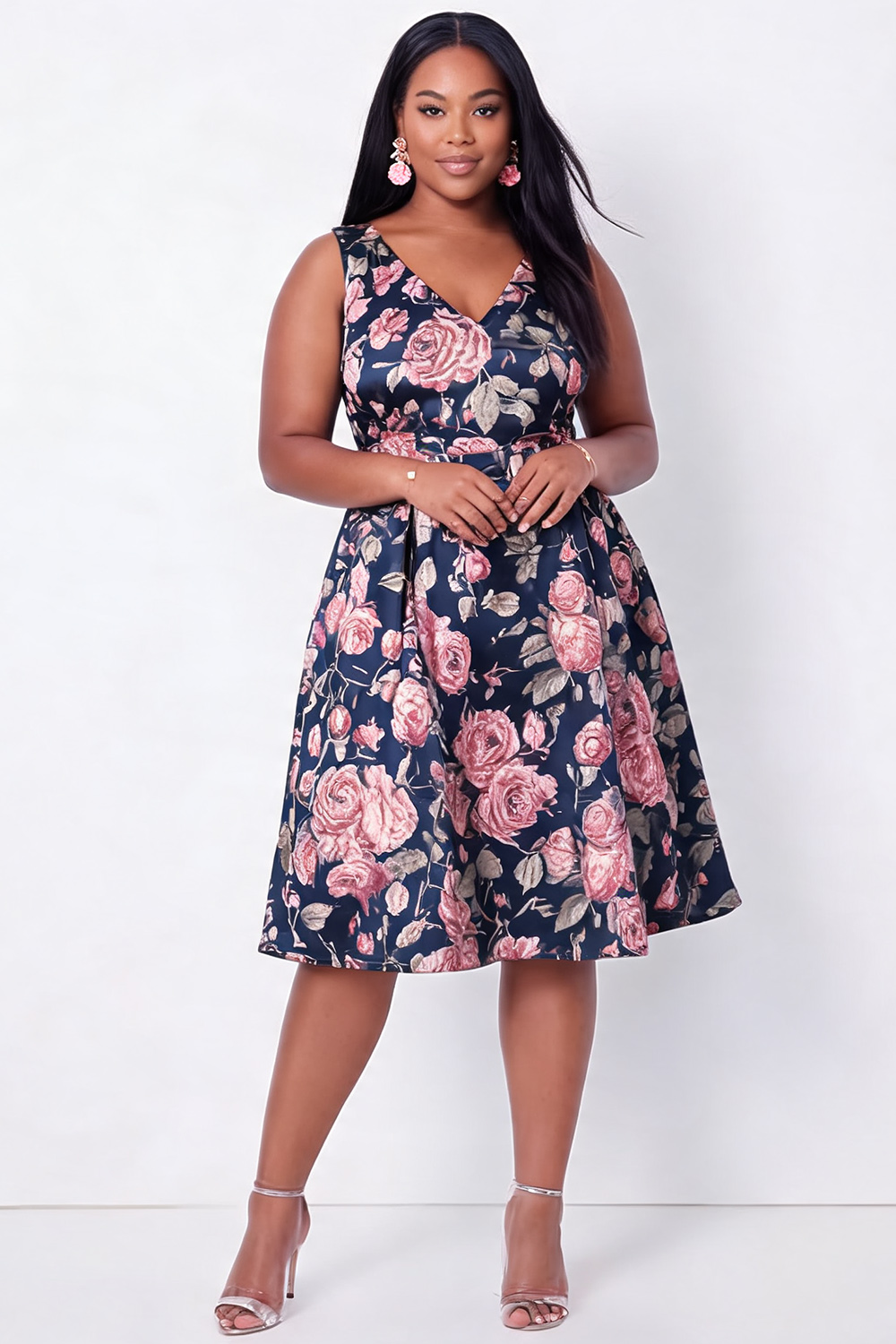 Plus Size Black Blue Flower V Neck A Line Midi Wedding Guest Dress