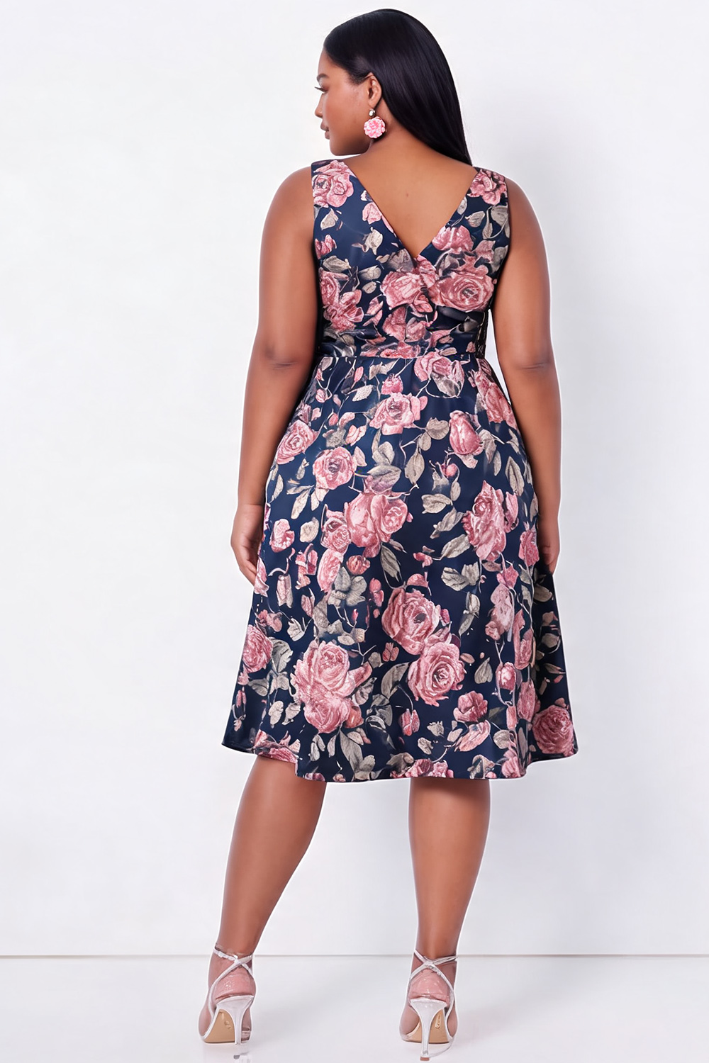 Plus Size Black Blue Flower V Neck A Line Midi Wedding Guest Dress