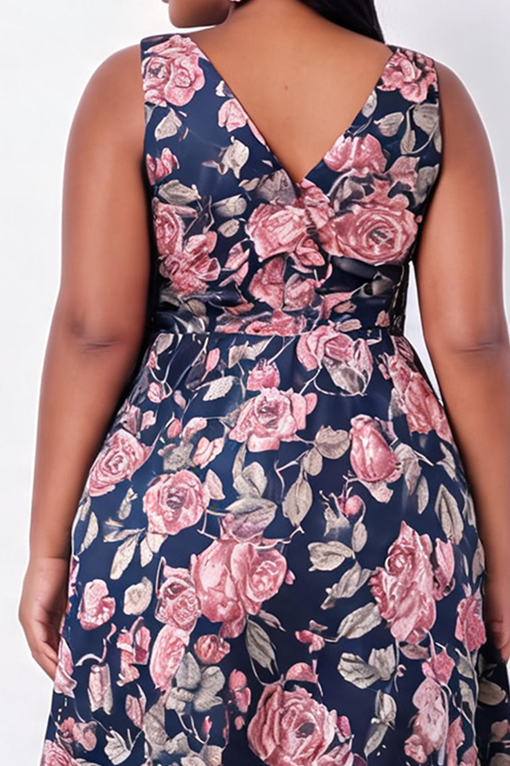 Plus Size Black Blue Flower V Neck A Line Midi Wedding Guest Dress