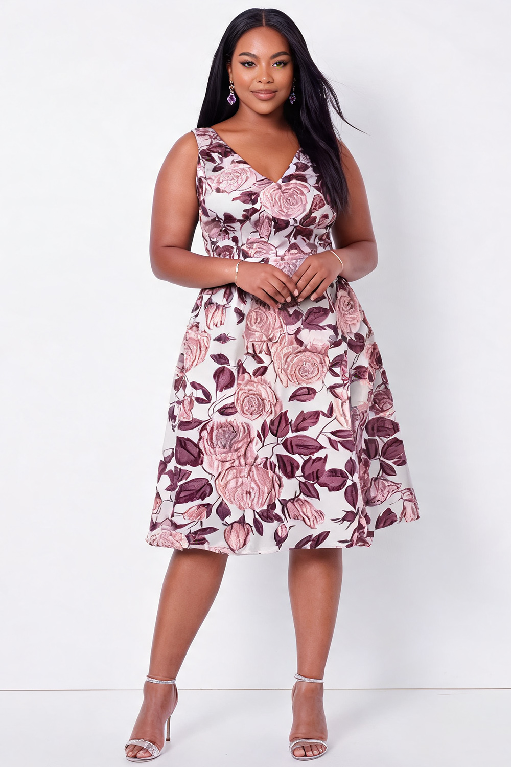 Plus Size Black Blue Flower V Neck A Line Midi Wedding Guest Dress