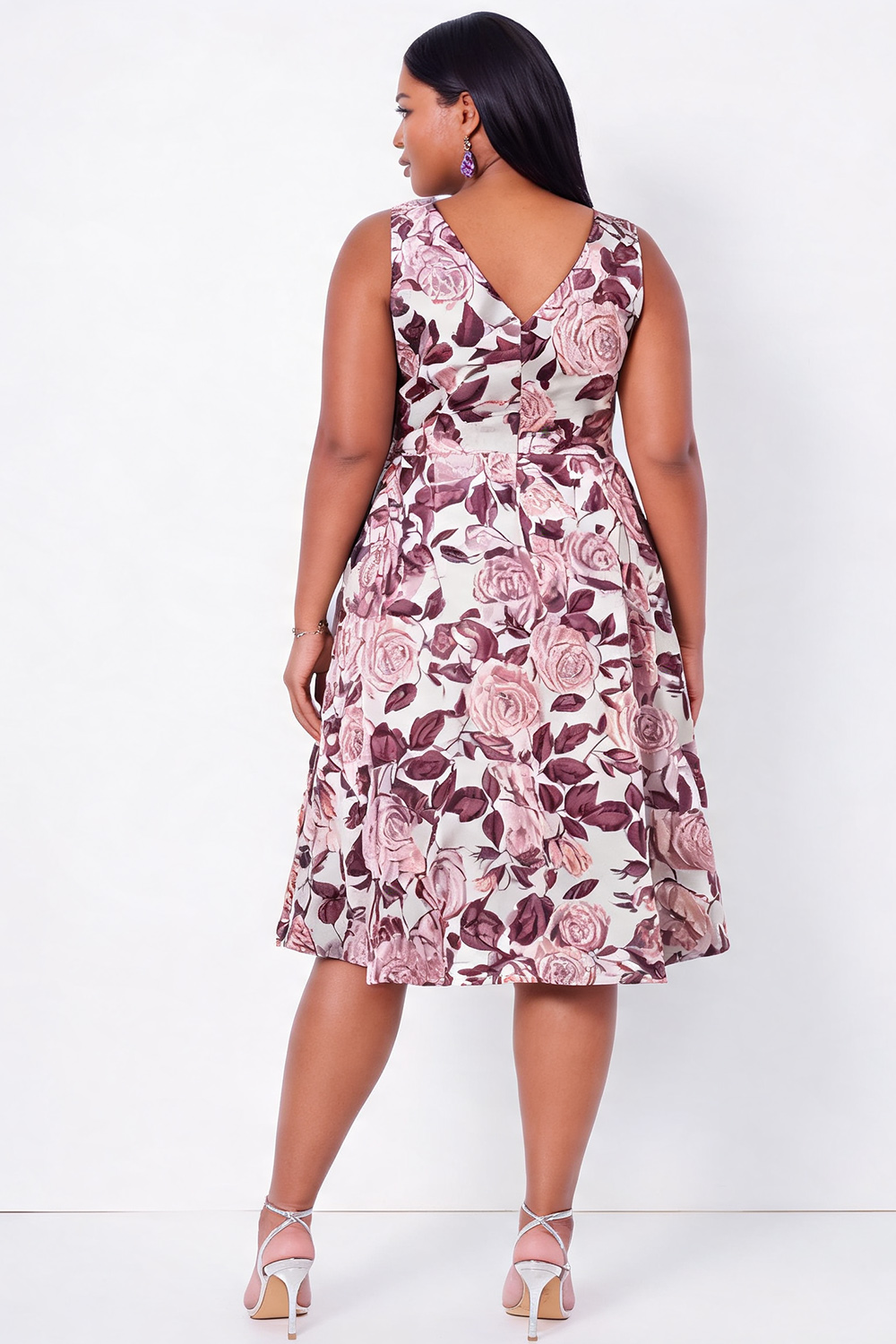 Plus Size Black Blue Flower V Neck A Line Midi Wedding Guest Dress