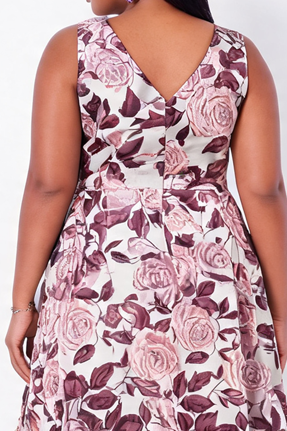 Plus Size Black Blue Flower V Neck A Line Midi Wedding Guest Dress