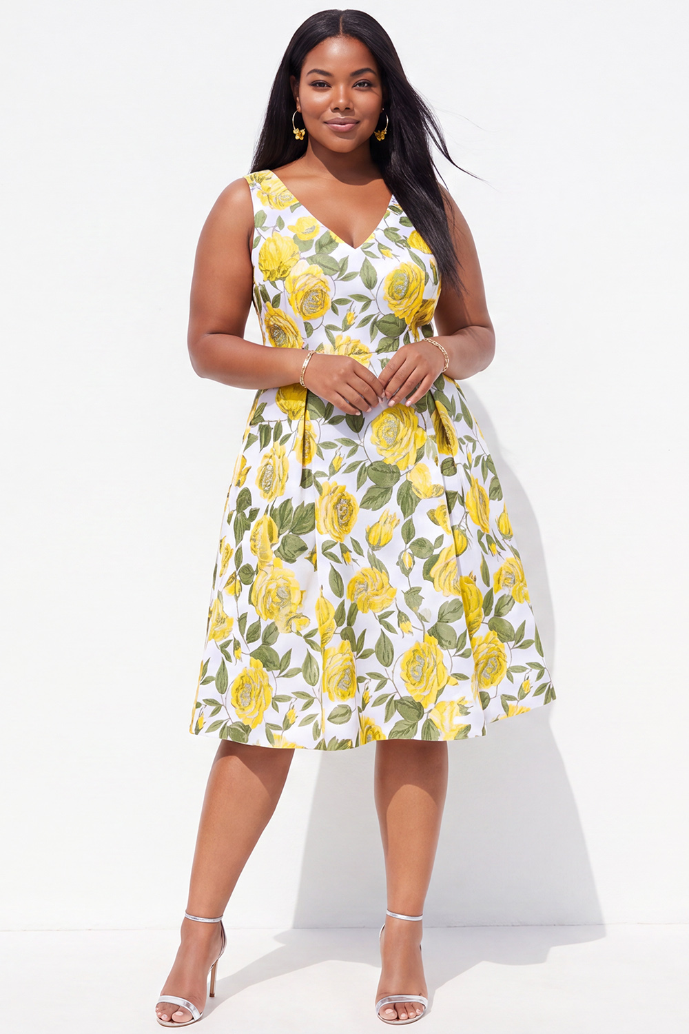 Plus Size Black Blue Flower V Neck A Line Midi Wedding Guest Dress
