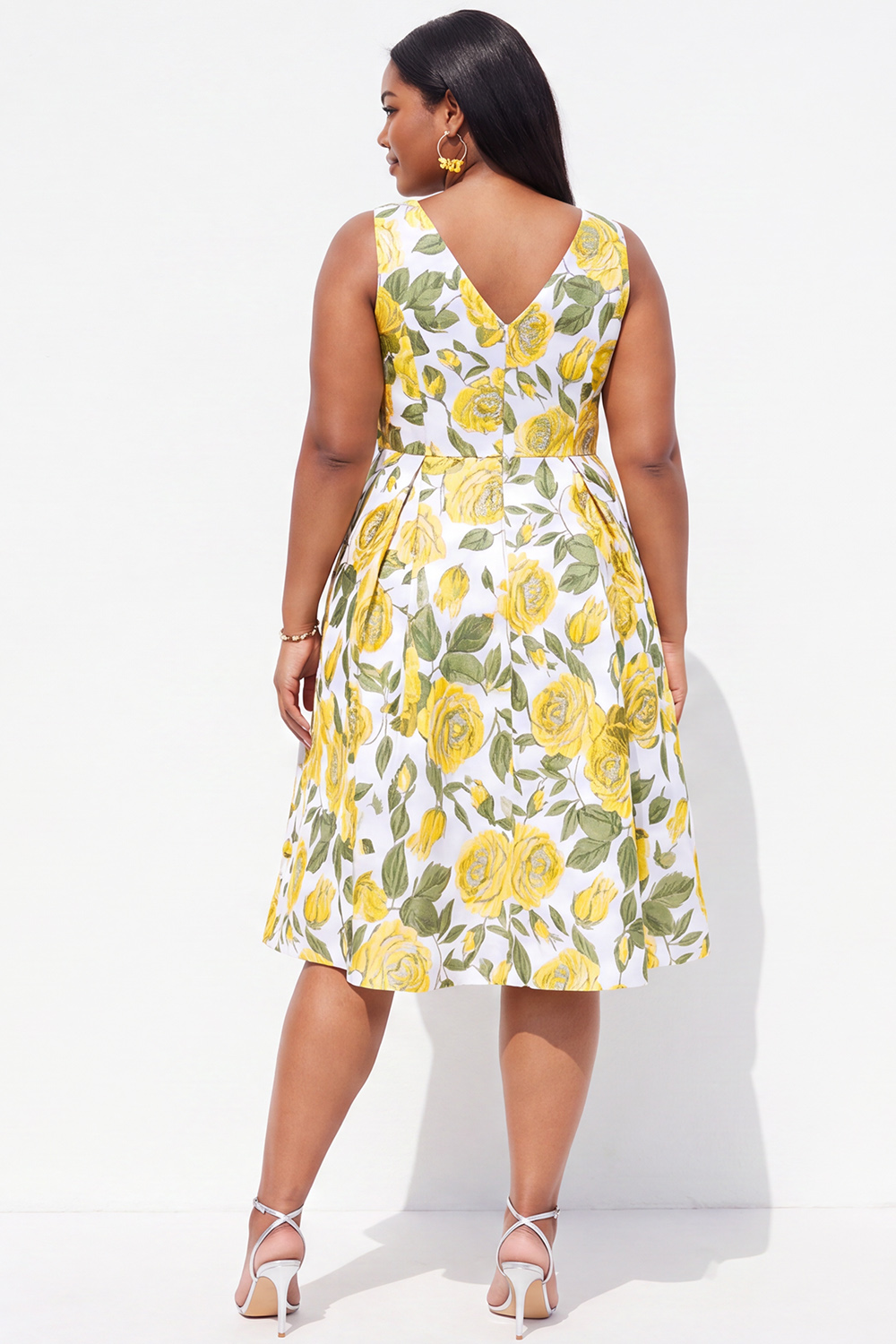 Plus Size Black Blue Flower V Neck A Line Midi Wedding Guest Dress