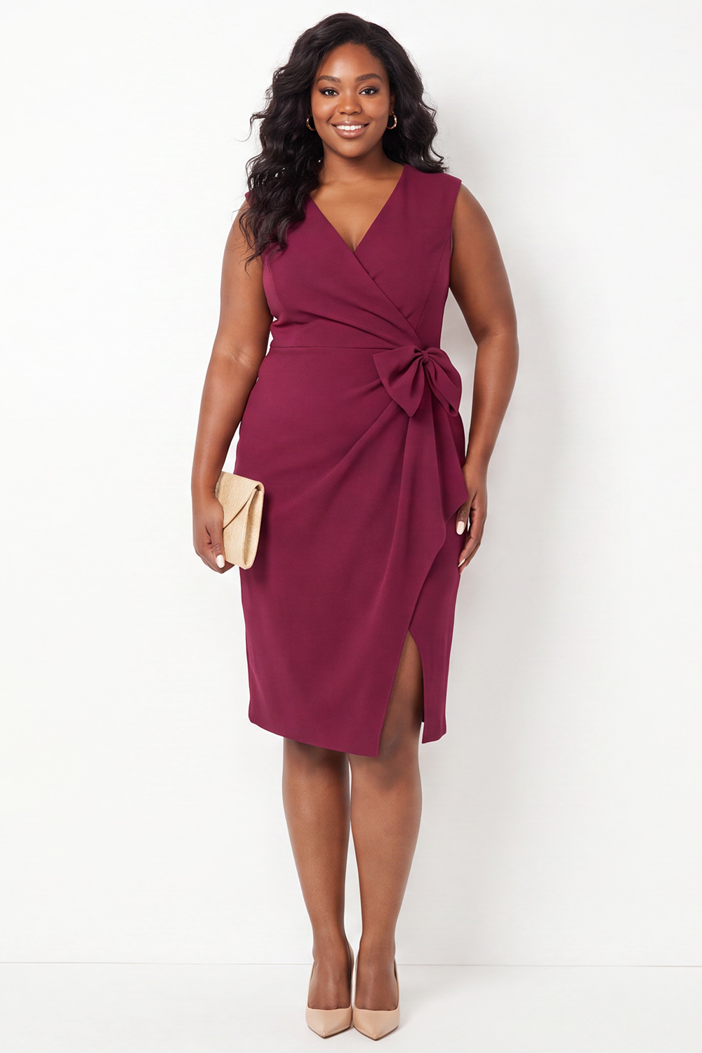 Plum Pencil V Neck Midi Plus Size Dress with Slit