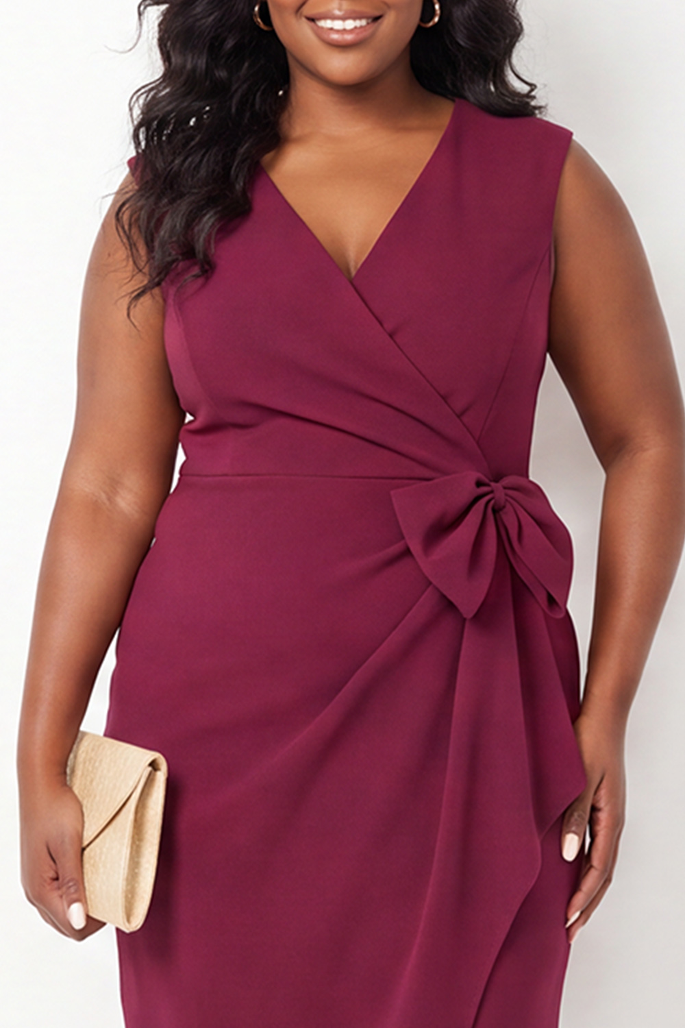 Plum Pencil V Neck Midi Plus Size Dress with Slit
