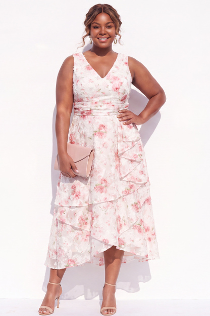 Dressself Women Pink Floral Plus Size Midi Dress A Line Tiered V Neck Wedding Guest Dress