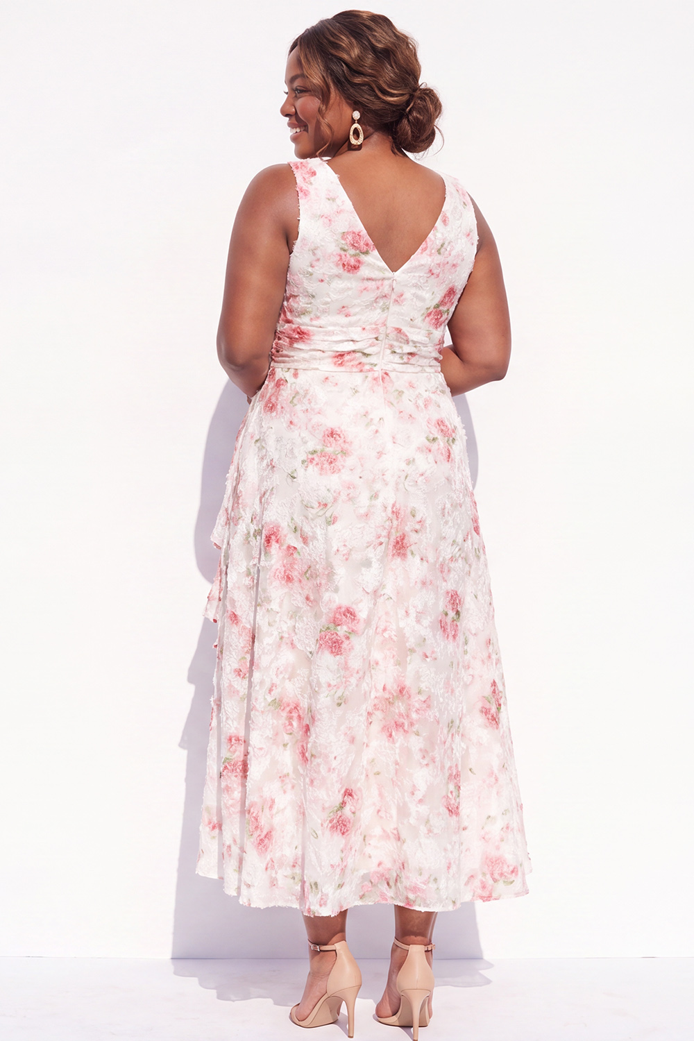 Pink Floral A Line Tiered Midi Plus Size Dress
