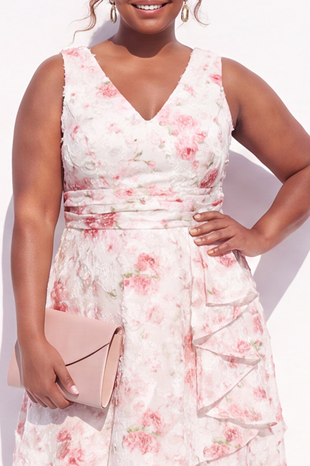 Pink Floral A Line Tiered Midi Plus Size Dress
