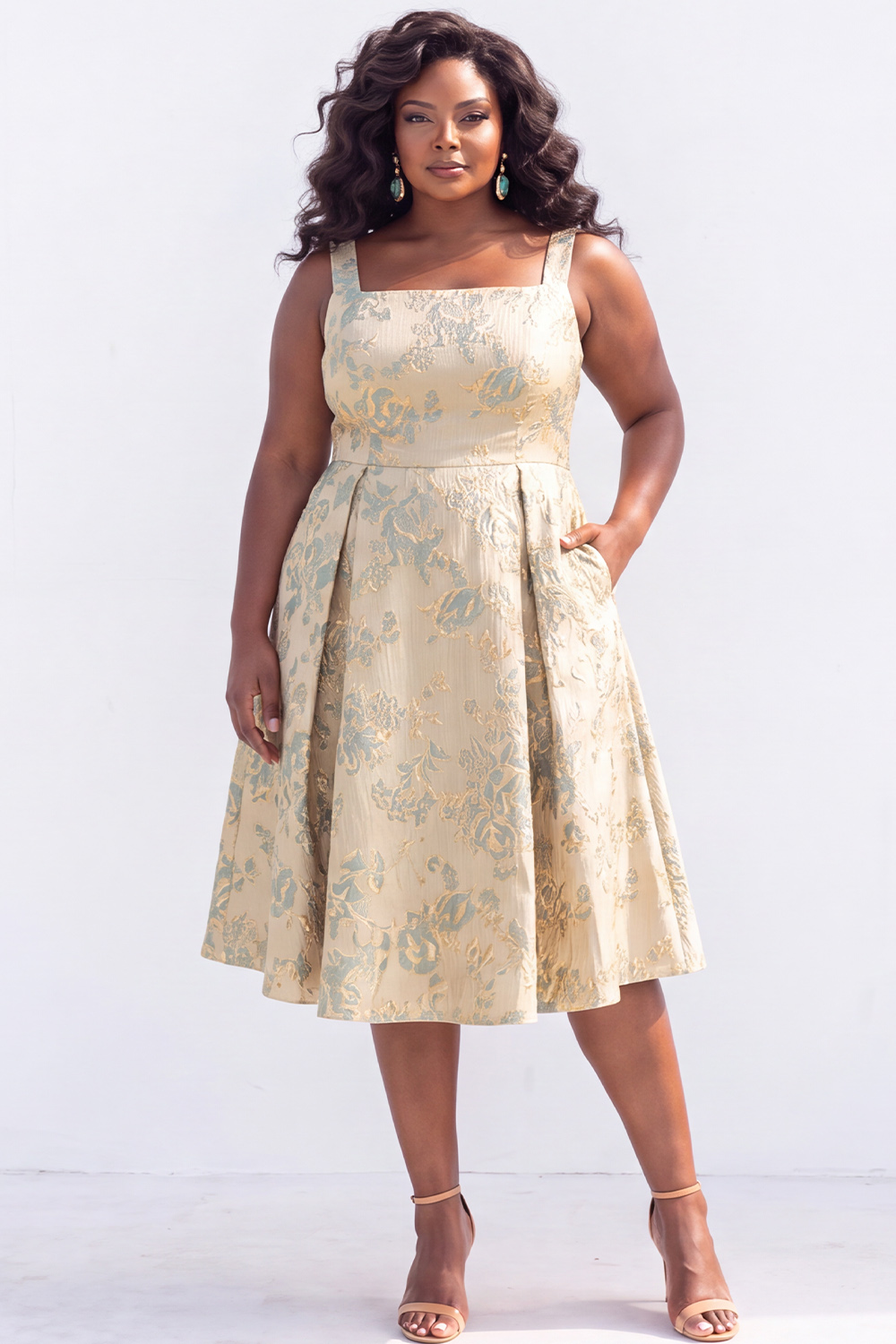 Green Gold Plus Size Jacquard Floral A Line Midi Dress