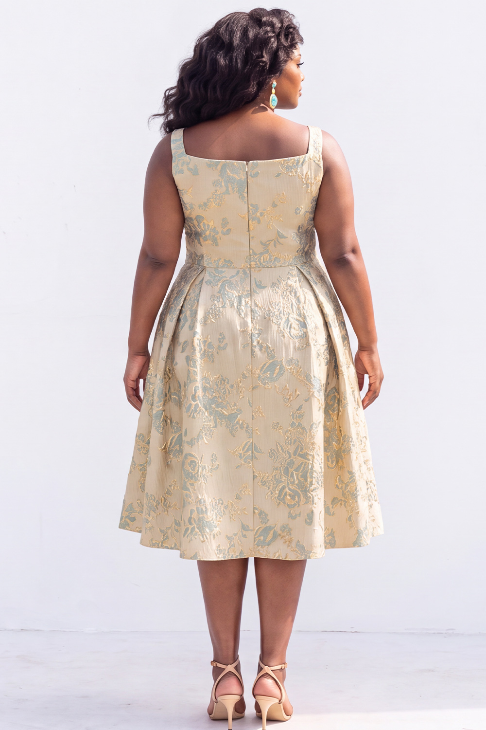 Green Gold Plus Size Jacquard Floral A Line Midi Dress