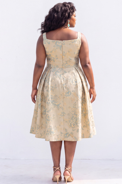 Green Gold Plus Size Jacquard Floral A Line Midi Dress