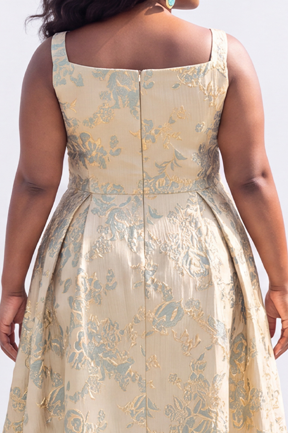 Green Gold Plus Size Jacquard Floral A Line Midi Dress