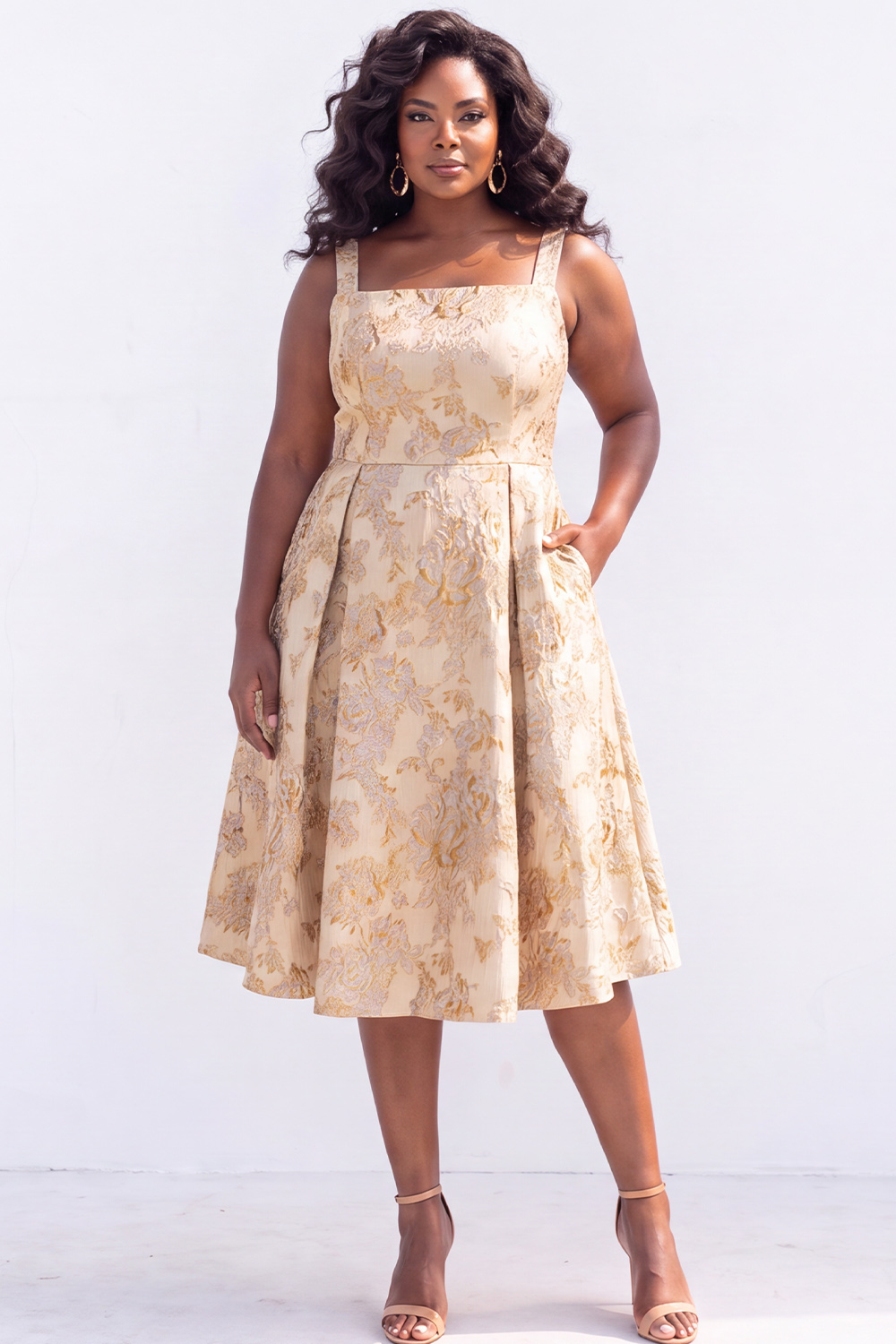 Green Gold Plus Size Jacquard Floral A Line Midi Dress