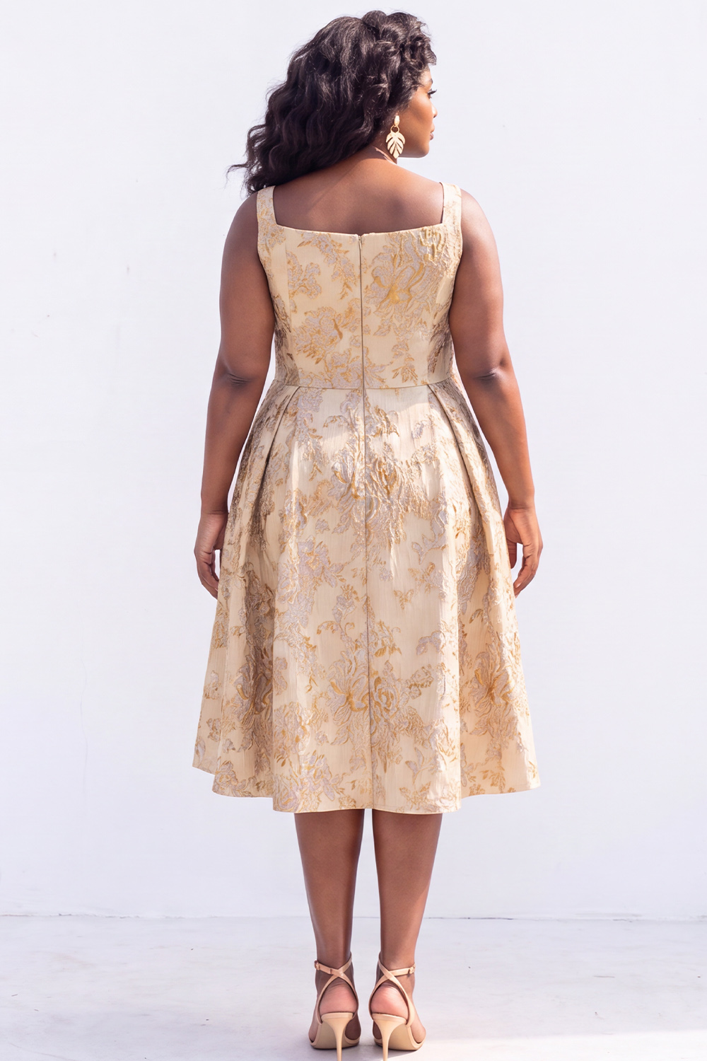 Green Gold Plus Size Jacquard Floral A Line Midi Dress