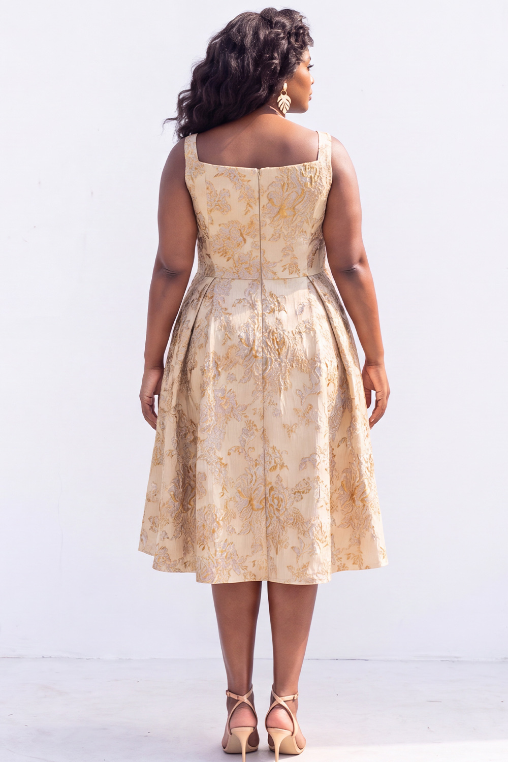 Green Gold Plus Size Jacquard Floral A Line Midi Dress