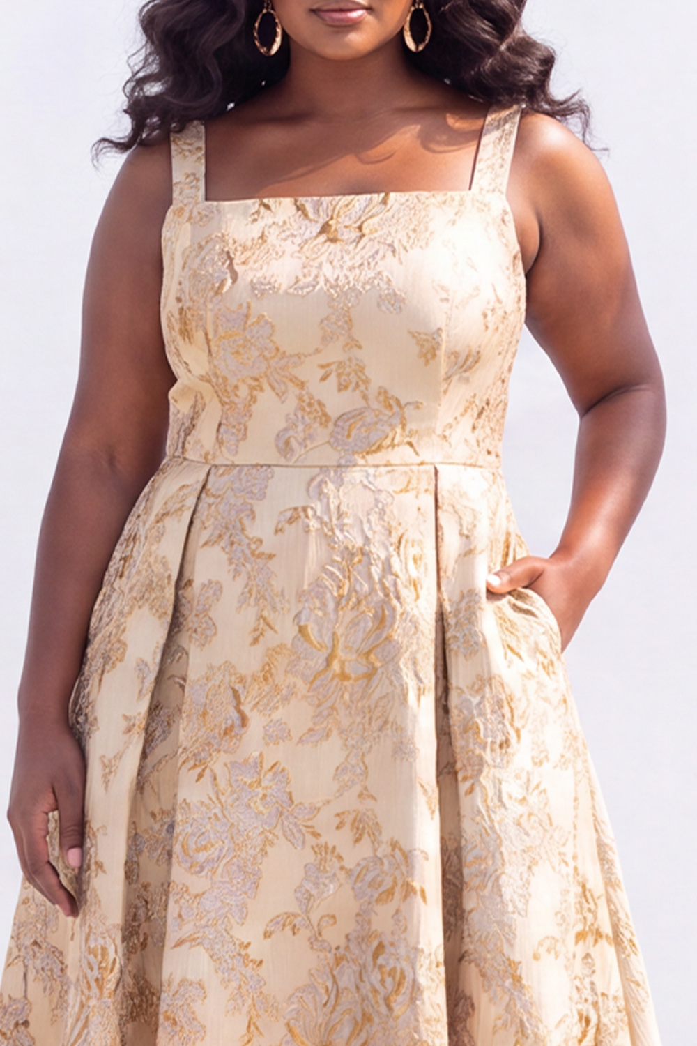 Green Gold Plus Size Jacquard Floral A Line Midi Dress