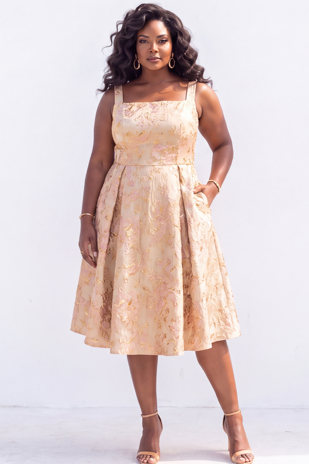 Green Gold Plus Size Jacquard Floral A Line Midi Dress