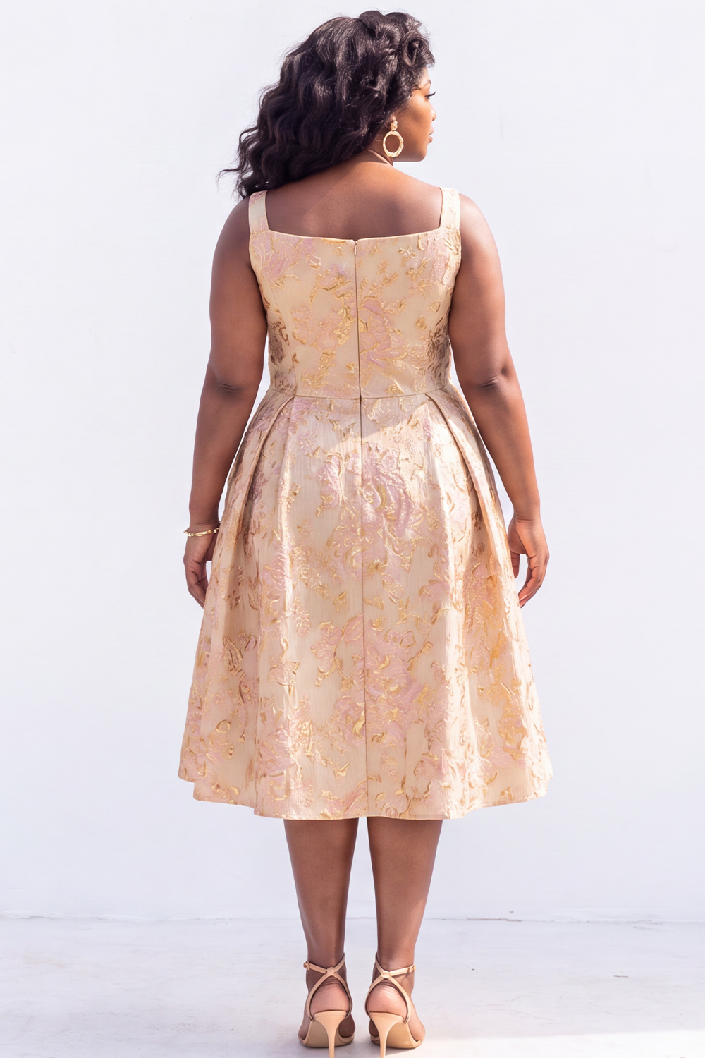 Green Gold Plus Size Jacquard Floral A Line Midi Dress