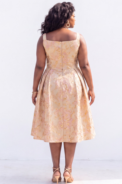 Green Gold Plus Size Jacquard Floral A Line Midi Dress