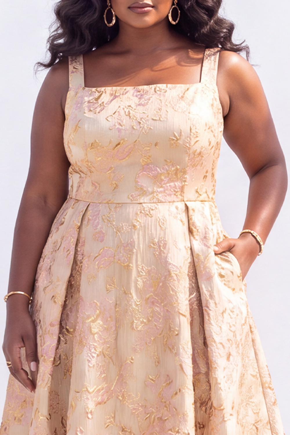 Green Gold Plus Size Jacquard Floral A Line Midi Dress