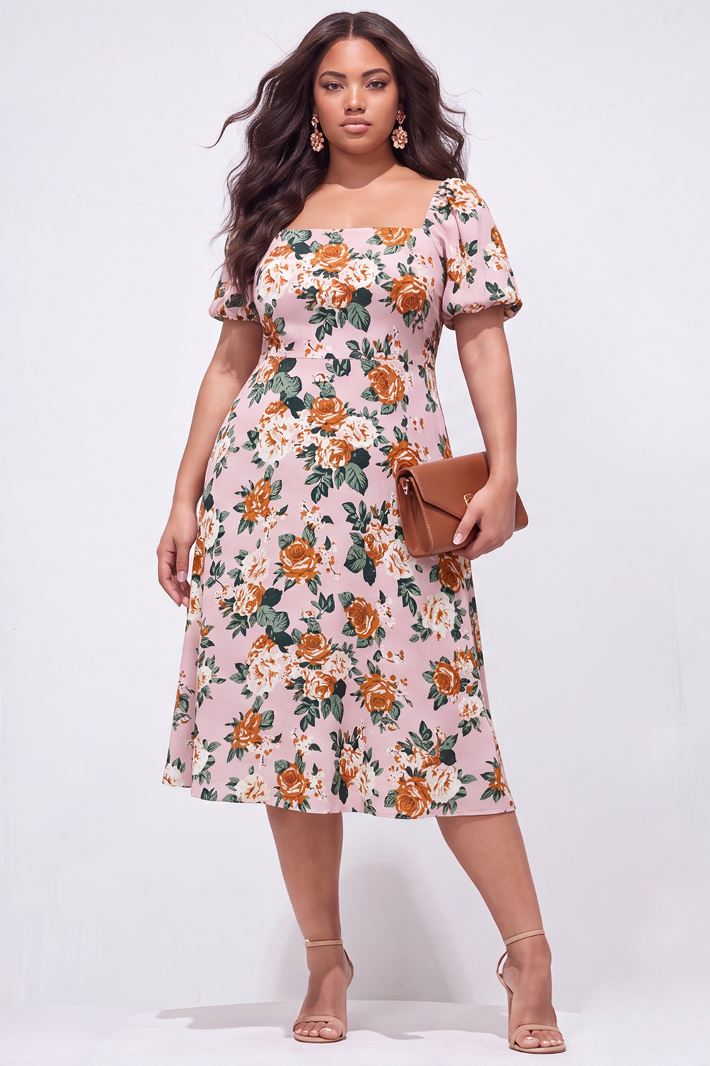 Apricot Floral A Line Plus Size Wedding Guest Dress