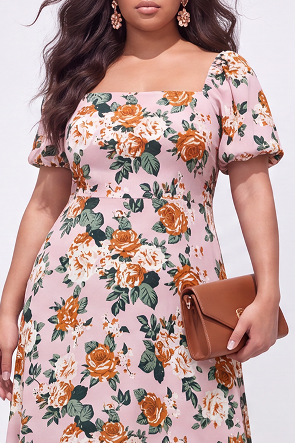 Apricot Floral A Line Plus Size Wedding Guest Dress