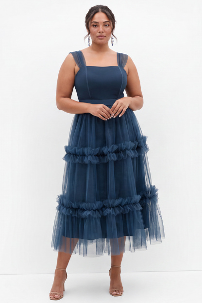 Dressself Women Plus Size Navy Wedding Guest Dress A Line Square Neck Midi Tea Party Dress