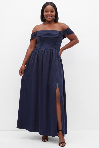 Dressself Women Off the Shoulder Navy Plus Size Formal Dress A Line Corset Long Evening Dress with Slit