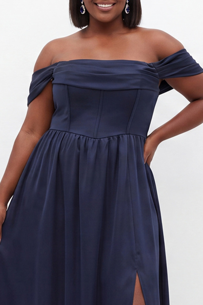 Off the Shoulder Corset A Line Navy Plus Size Formal Dress