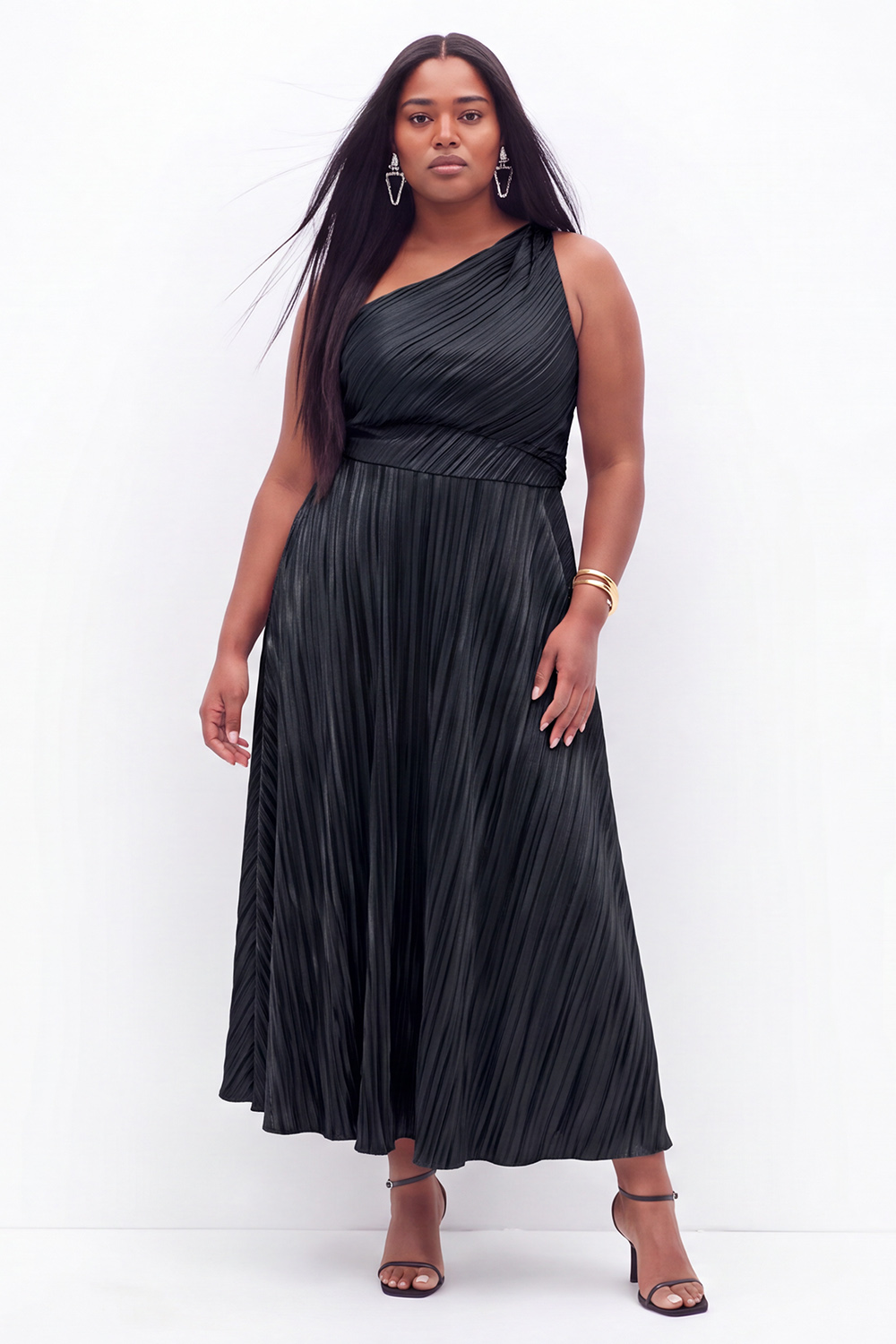Dressself Women Plus Size One Shoulder Black Formal Dress A Line Pleated Long Evening Dress