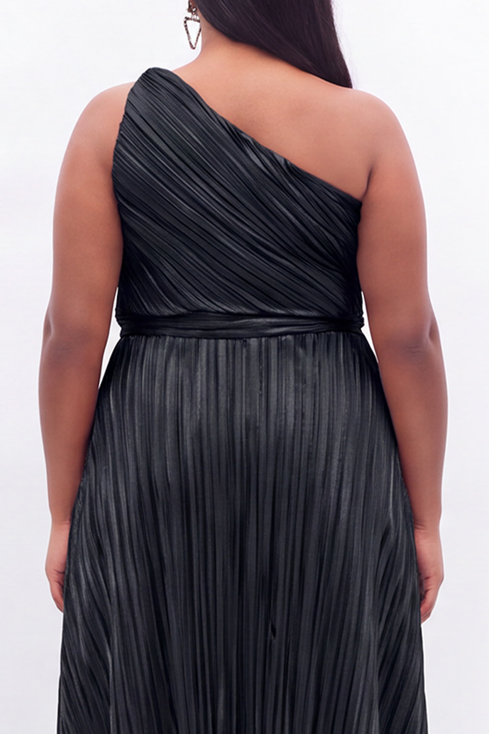 Black One Shoulder A Line Pleated Plus Size Formal Dress