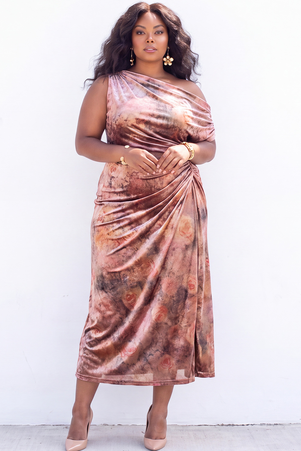 Apricot Pink Floral One Shoulder Plus Size Midi Dress
