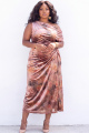 Plus Size Apricot Pink Velvet Floral One Shoulder Midi Wedding Guest Dress