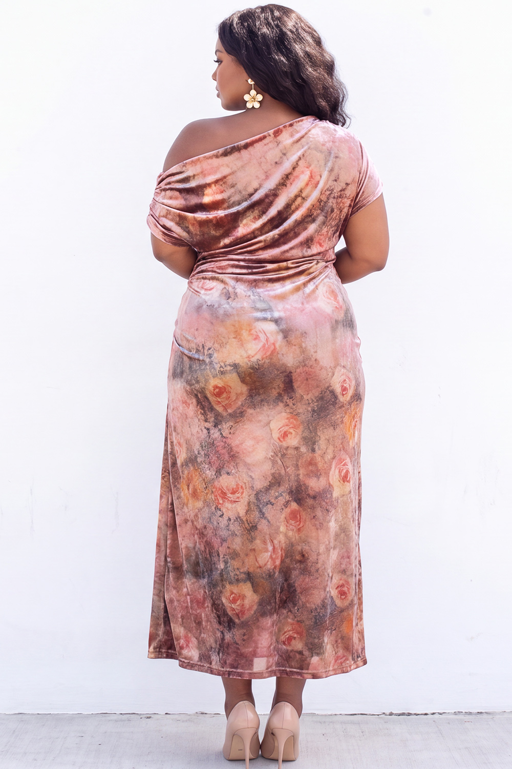 Apricot Pink Floral One Shoulder Plus Size Midi Dress