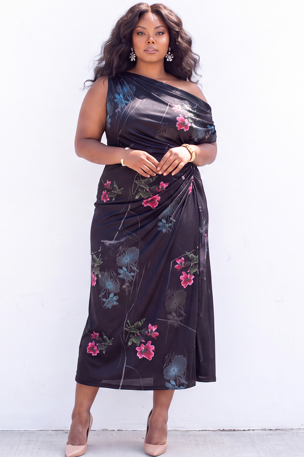 Apricot Pink Floral One Shoulder Plus Size Midi Dress