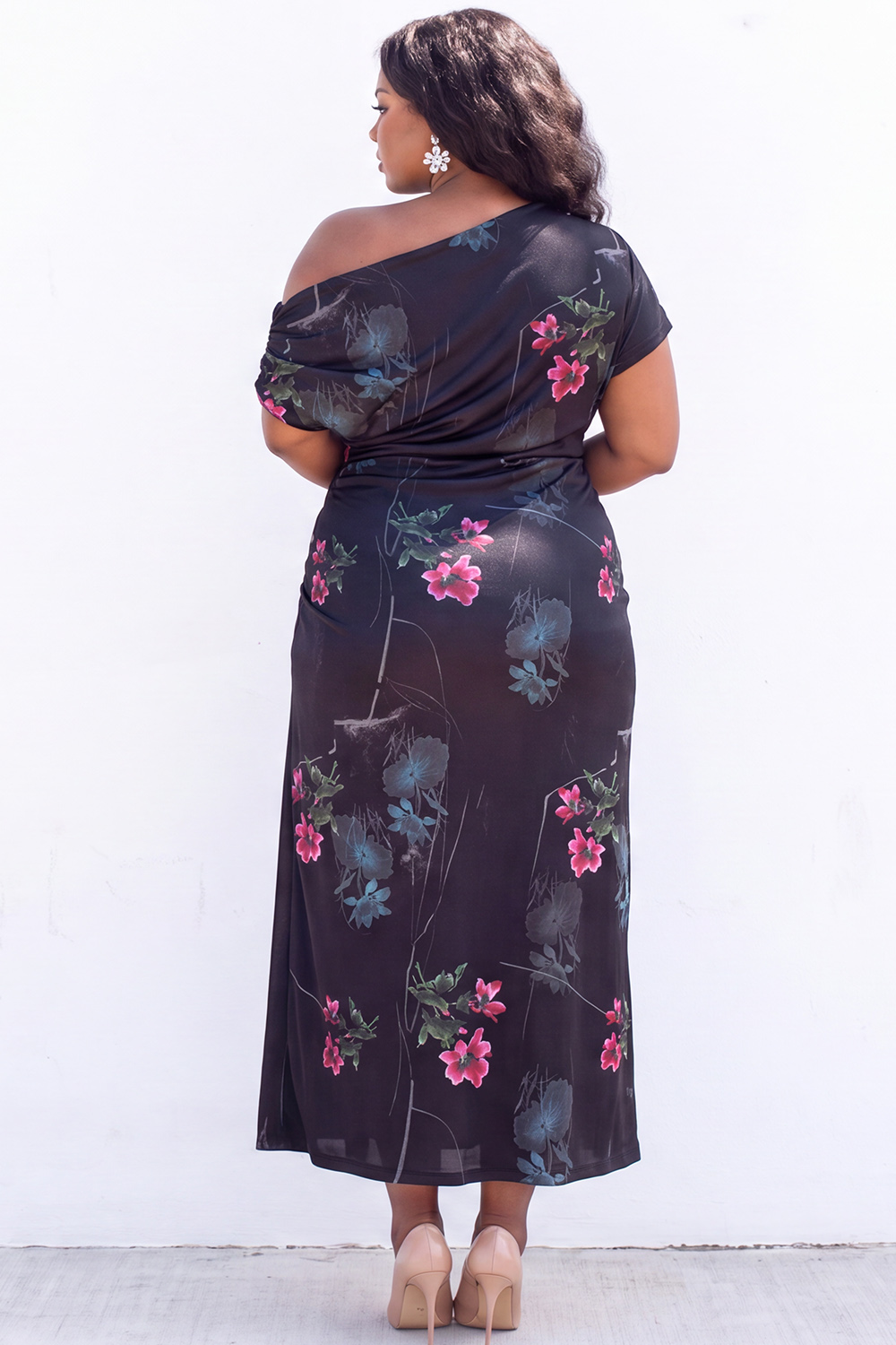 Apricot Pink Floral One Shoulder Plus Size Midi Dress