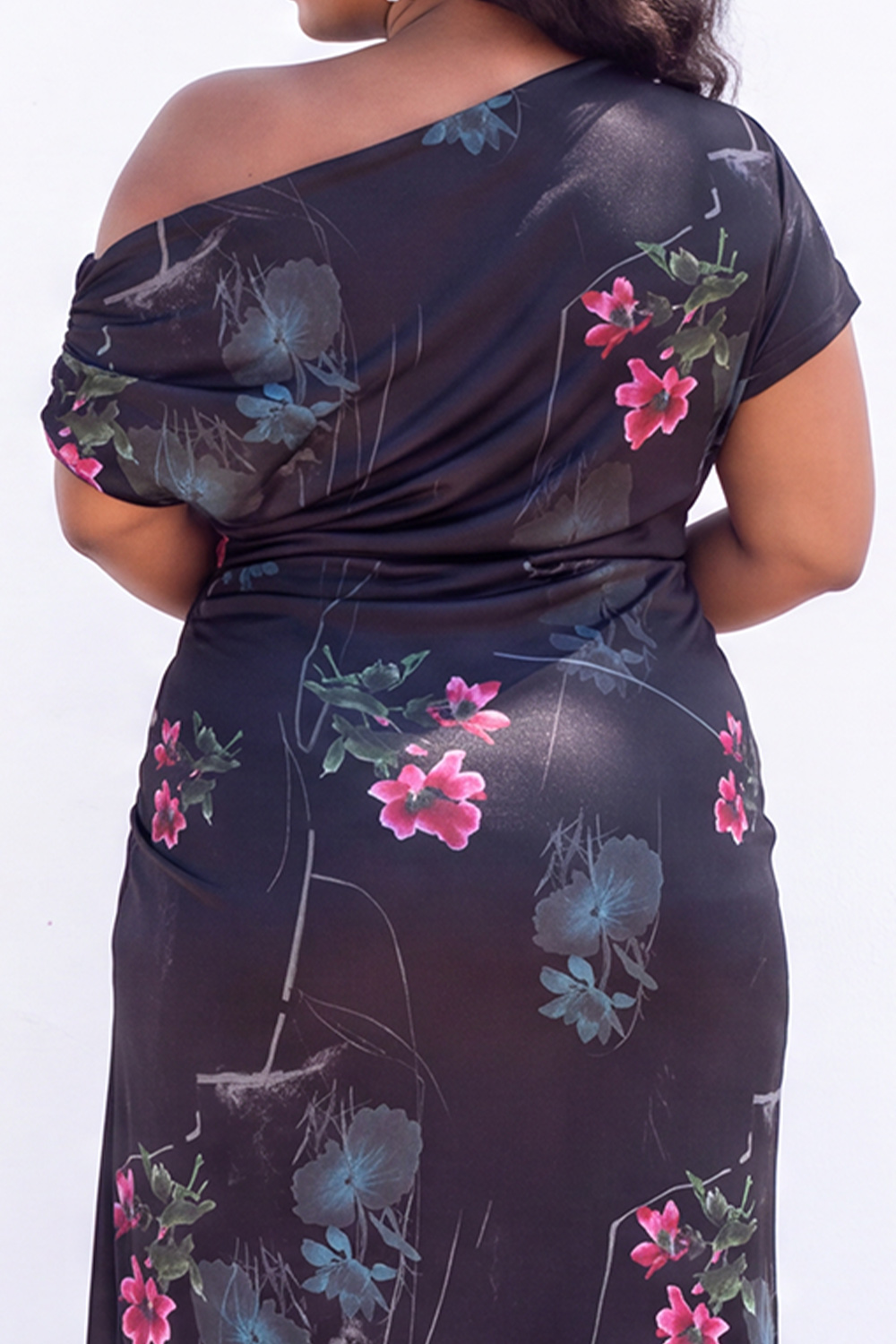 Apricot Pink Floral One Shoulder Plus Size Midi Dress