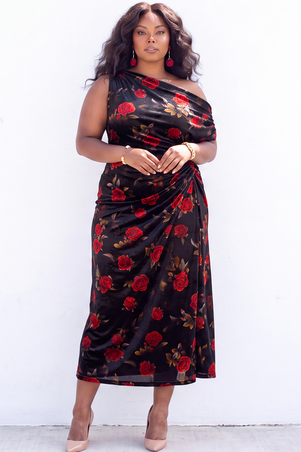 Apricot Pink Floral One Shoulder Plus Size Midi Dress